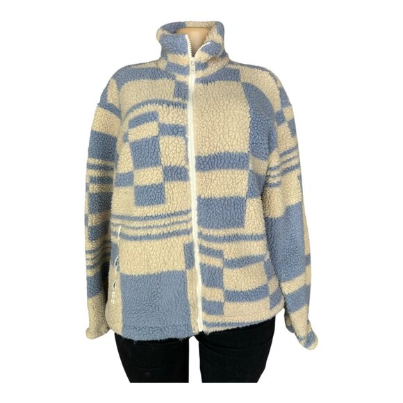 Urban Outfitters Blue & Beige Checkered Sherpa Zip-Up Jacket Womens Size S - Picture 1 of 4